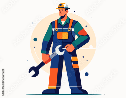 Skilled Male Worker in Blue Overalls and Hard Hat Holding a Large Wrench, Ready for Construction or Repair Tasks