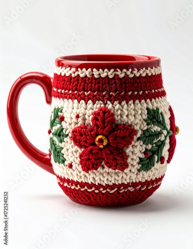 Festive Red and Cream Holiday Mug with Knitted Cozy Against White Background