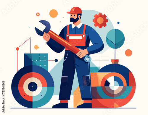 Skilled Mechanic Holding Wrench with Industrial Gears and Tools Background