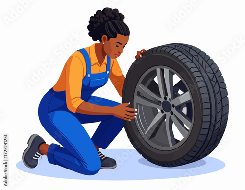 Professional female mechanic meticulously inspecting a vehicle tire, ensuring road safety and optimal performance. This illustration highlights skilled women in automotive repair and maintenance