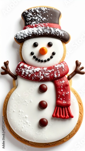 Festive Snowman Cookie with Red Scarf and Brown Top Hat on White Background