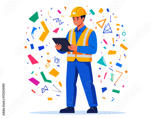 Construction Worker Reviewing Documents Amidst Colorful Geometric Confetti and Shapes