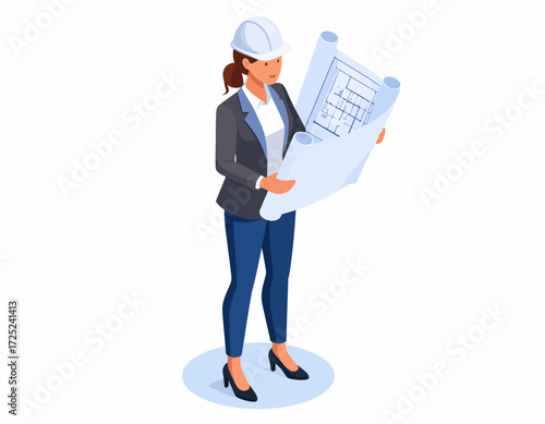 Professional female architect in a safety helmet meticulously examining detailed building blueprints, an isometric vector illustration depicting urban development and construction planning