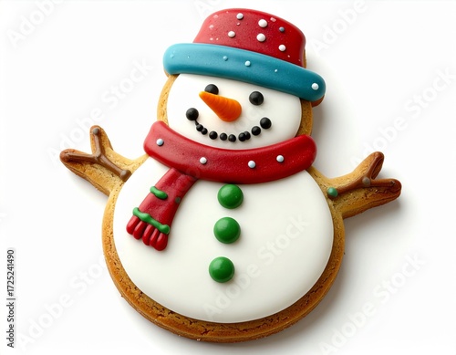 Delightful Festive Snowman Cookie with Colorful Icing on White Background