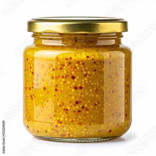 Close Up of Yellow Mustard in a Glass Jar with Golden Lid on White Background
