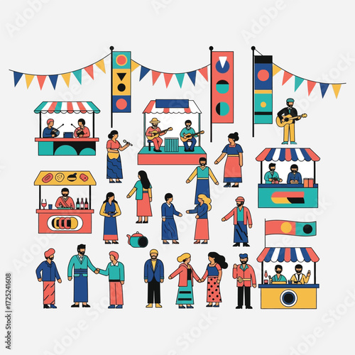 A lively outdoor street market and cultural fair illustration, featuring diverse people, vibrant food and craft stalls, musicians, and festive decorations, creating a cheerful community gathering