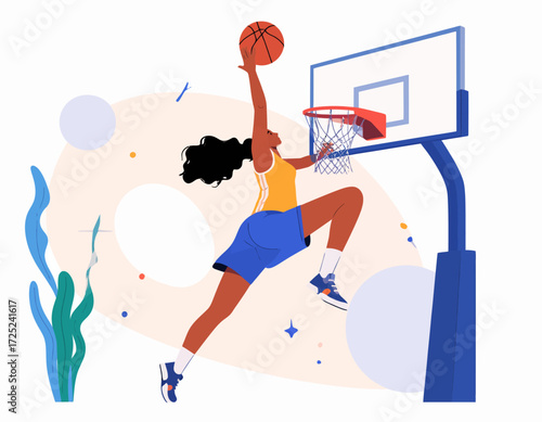 Dynamic illustration of a female athlete performing an energetic basketball dunk, showcasing strength, agility, and sportsmanship on the court during a competitive game or practice session