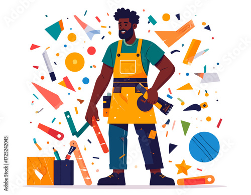 Skilled craftsman confidently stands amidst a vibrant burst of creative tools and elements, embodying the spirit of hands-on innovation, dedicated workmanship, and joyful DIY projects