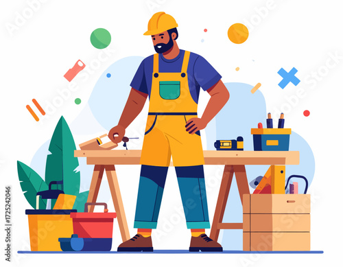 A skilled carpenter character in a yellow hard hat and overalls working at a wooden workbench with various construction tools