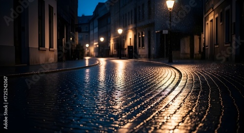 Deserted cobblestone street at night, gentle rainfall glistening under warm streetlights, soft reflections on wet pavement