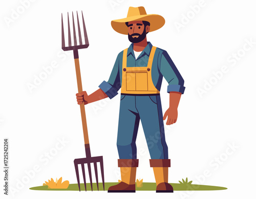 Farmer Illustration A depiction of a male farmer holding a pitchfork and wearing work attire, in a sunny field setting