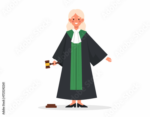 Illustration of a female judge in traditional judicial robe holding a gavel