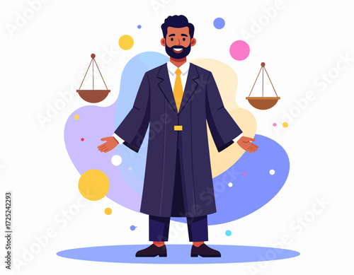 Male lawyer or judge in a legal robe, presenting law and justice with open arms and scales, flat vector illustration
