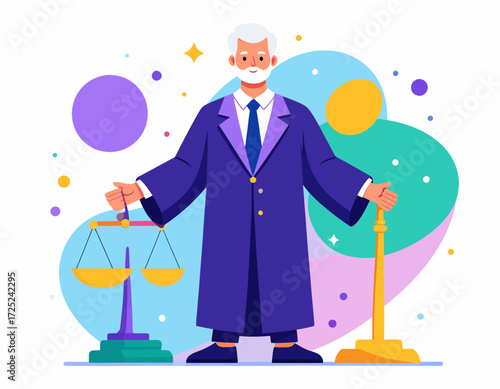 A wise judge in a purple robe represents justice, holding the scales of balance and a gavel of authority in a modern flat vector style