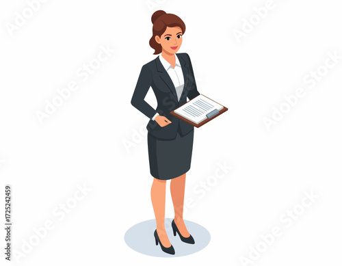 Businesswoman in a Suit Holding a Clipboard A Professional Isometric Illustration