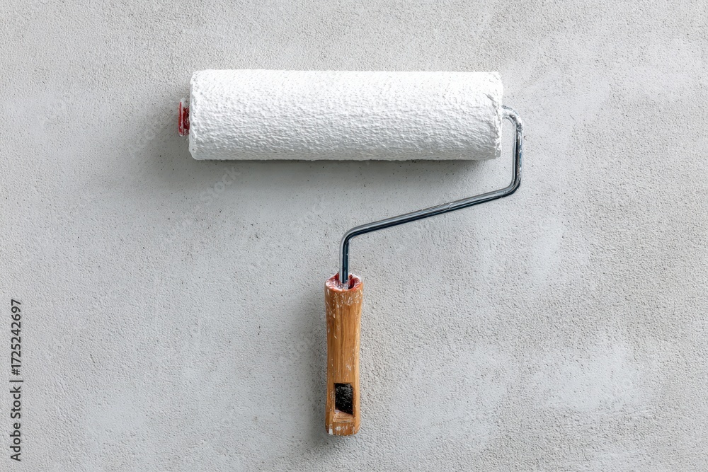 Fototapeta premium Long Handle Roller Brush Applying White Primer on Cement Wall for Renovation