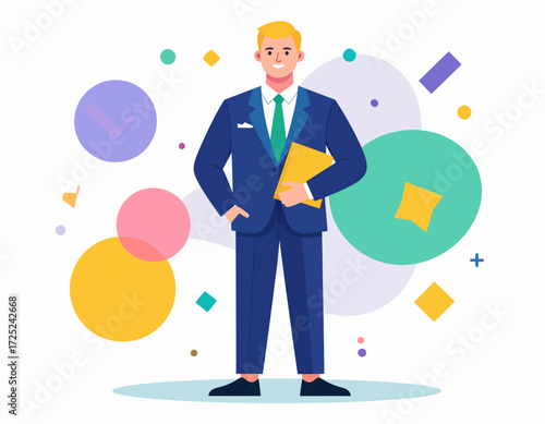 Successful Business Professional Holding Documents in a Vibrant Modern Illustration Style