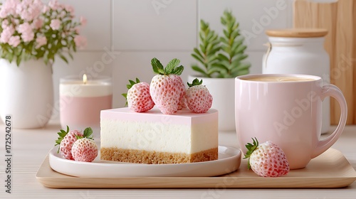 Modern Pastel Pink Table Setting with Strawberry Cheesecake and Coffee Cup