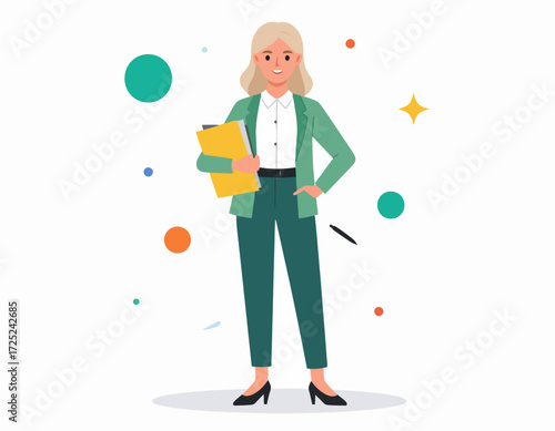 Confident businesswoman in a green suit, holding a clipboard, representing leadership, success, and modern innovation in a vibrant flat illustration