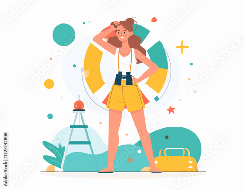 Cheerful female lifeguard standing confidently by the beach, ready for summer safety duty. A vibrant flat illustration of a rescuer with a lifebuoy and watchtower