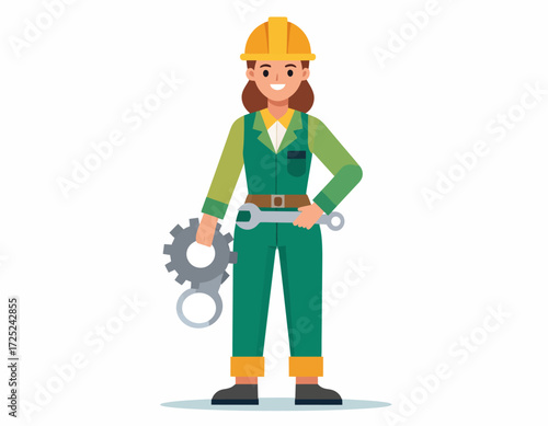 Professional female engineer in hard hat and workwear holding wrench and gear, ready for industrial work