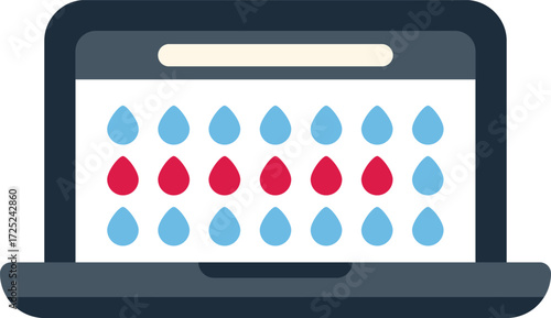 Laptop displaying a menstrual cycle tracking app, with red drops indicating the period