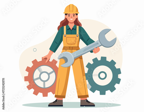 Confident Construction Worker in Blue Outfit and Yellow Helmet with Confetti Celebration