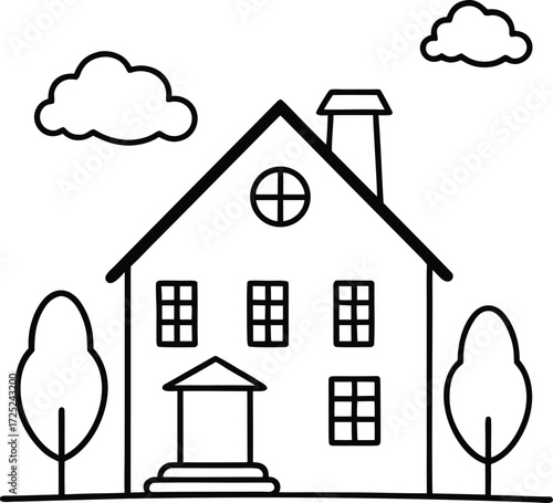 Simple line drawing of a house with trees and clouds, isolated on white background