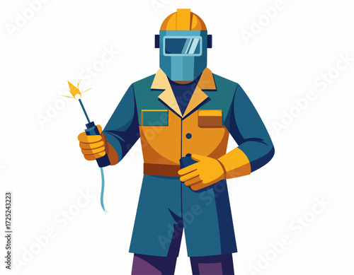 A professional welder in a protective uniform and helmet holds a sparking welding torch, an industrial worker illustration isolated on a white background