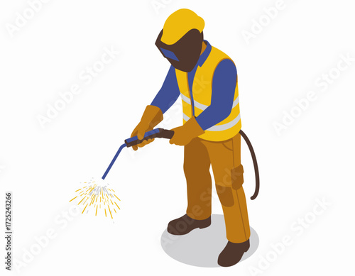 Construction worker with welding equipment performing industrial welding in an isometric illustration