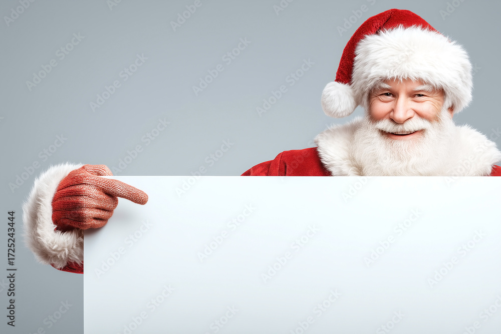 Naklejka premium Santa Claus points to a blank sign, perfect for your holiday message. Spread Christmas cheer and festive greetings with this iconic figure.