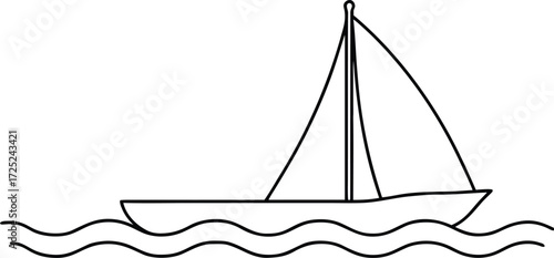 A simple line drawing of a sailboat with a single mast and sail, moving across wavy water