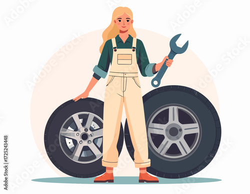 Skilled Mechanic Woman with Wrench and Car Tires - Automotive Service Illustration