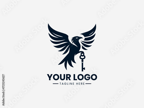 Minimalist bird vector logo with antique key symbol for security company or locksmith business branding