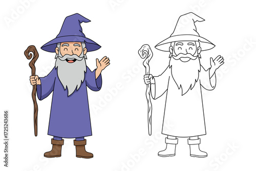 Cartoon wizard holding a magic staff, with colored and outline versions. Fantasy character illustration for children’s book, coloring page, or magical design theme