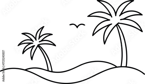 Simple line drawing of two palm trees on a sandy beach with a bird flying in the sky, isolated on white background