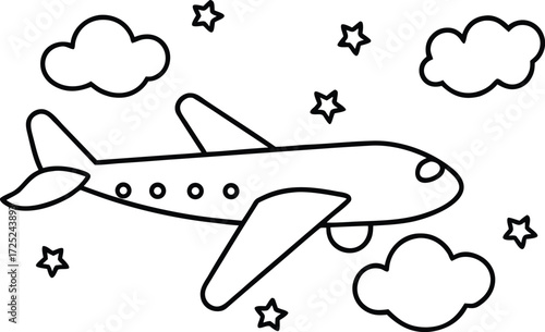 Simple line drawing of an airplane flying in the sky with clouds and stars, isolated on white background