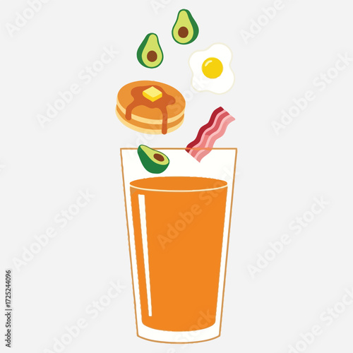 Fresh Orange Juice with Avocado, Bacon and Pancakes Breakfast Fusion Concept