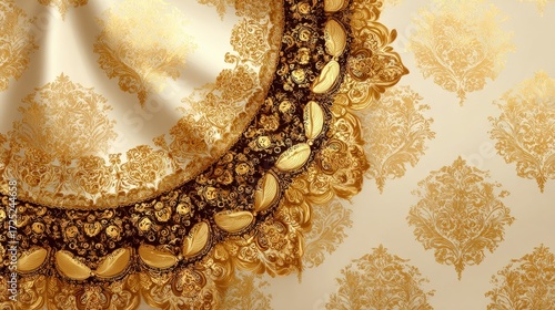 Elegant golden damask fabric draped gracefully, showcasing intricate patterns and textures