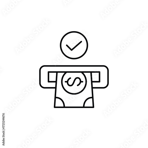 Credit card in ATM and cash bill. Approved financial transactions, cash withdrawal. Pixel perfect, editable stroke vector icon