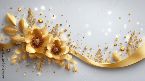 Elegant golden floral arrangement with leaves and pearls on a soft gray background