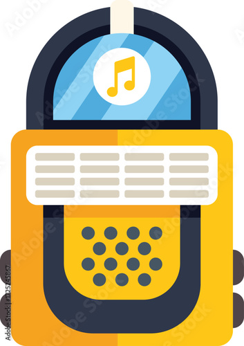 Vector illustration of a yellow jukebox playing music, featuring selection buttons and a musical note symbol