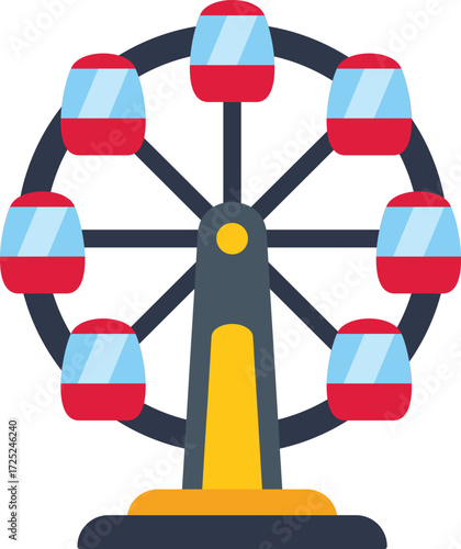 Colorful ferris wheel standing on the ground, with empty cabins, ready to give a ride