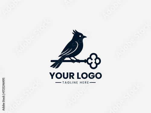 Minimalist bird vector logo with antique key symbol for security company or locksmith business branding