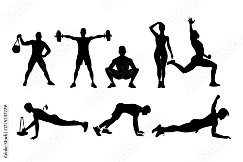 Silhouette depictions of people performing various exercises and fitness activities in a workout routine