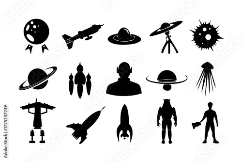 Collection of space exploration and science fiction themed black silhouettes on a white background