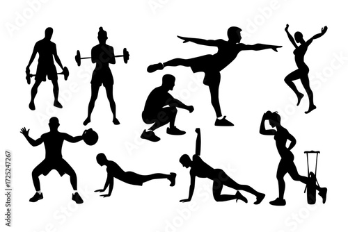 Silhouette illustration showing various fitness exercises and workout routines in different poses