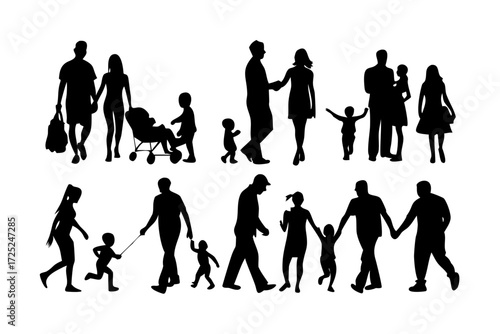 Silhouette depictions of families with children walking and interacting in various poses and groupings