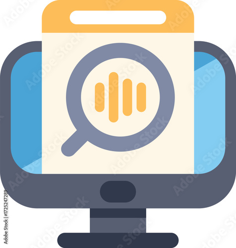Computer showing voice search with magnifying glass icon, concept of audio message analysis