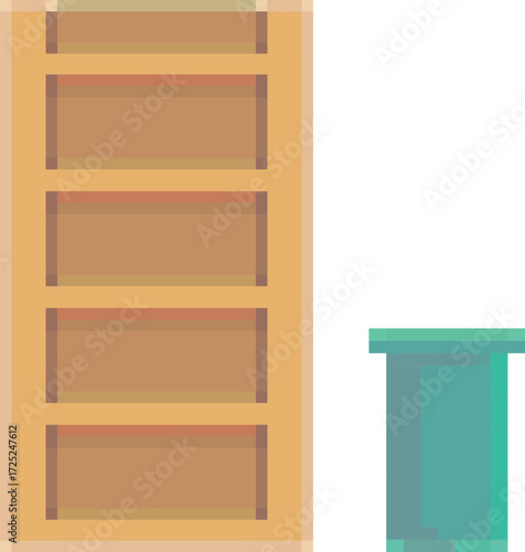 Shelves and trash cans are used to decorate the pixel art room.